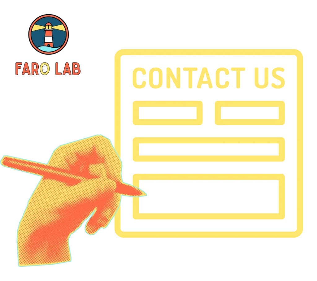 mano con penna che compila il form contatti e logo in alto a sx