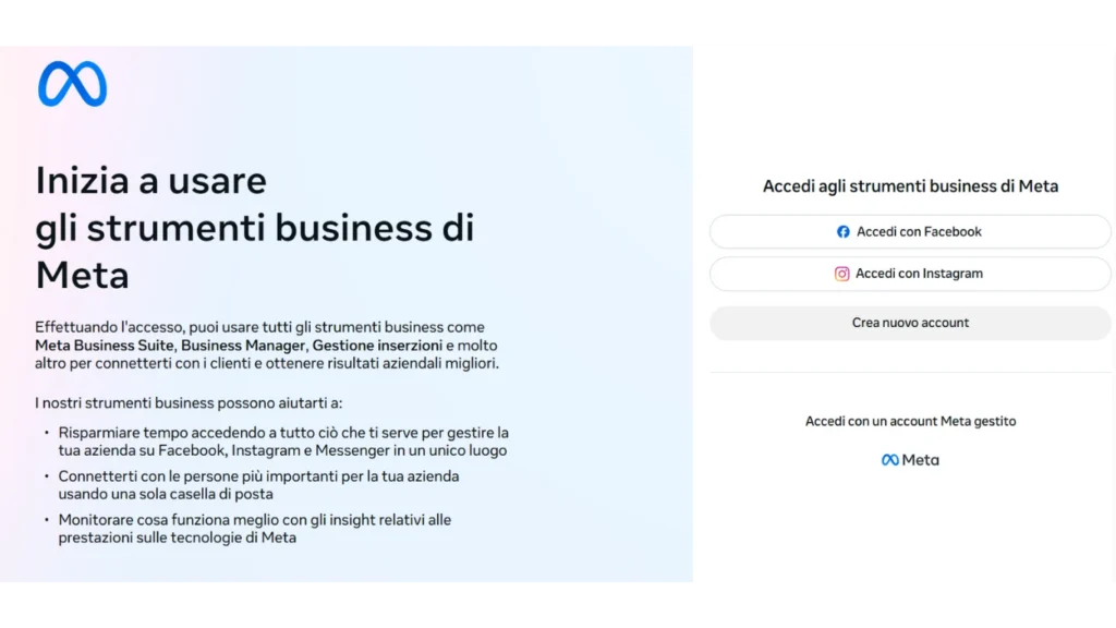 Schermata di accesso di Business Meta